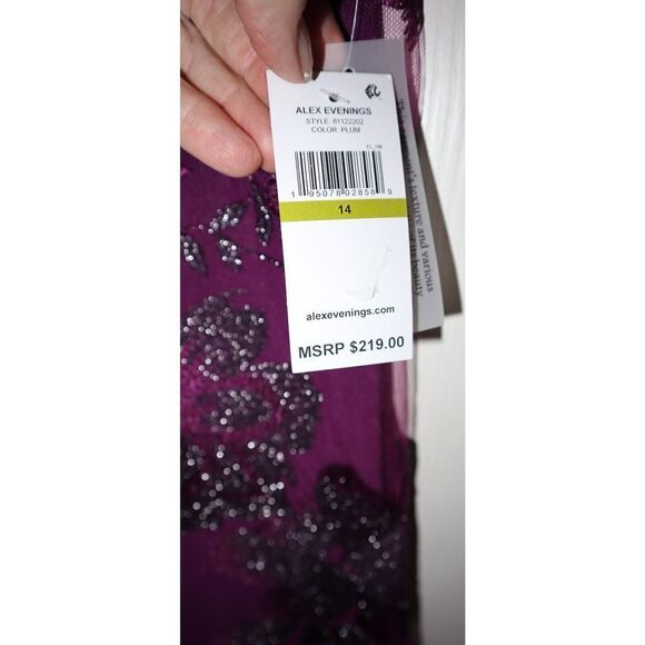 Alex Evenings Women Sz 14 Plum Purple Embroidered Sheer Overlay Midi Dress $219 - Picture 3 of 10